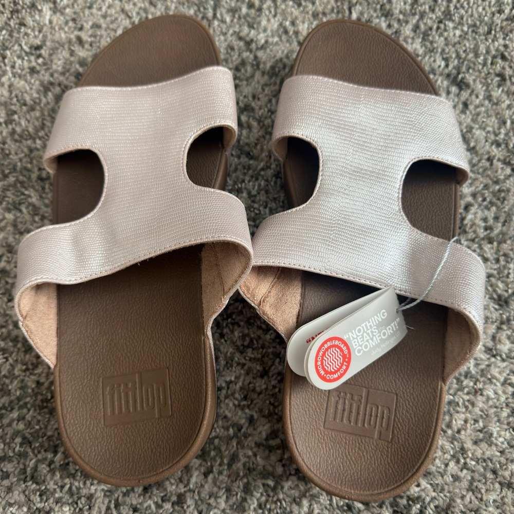 FitFlop H-Bar Shimmerlizard Nude Metallic Slides Microwobbleboard Sandals US 8